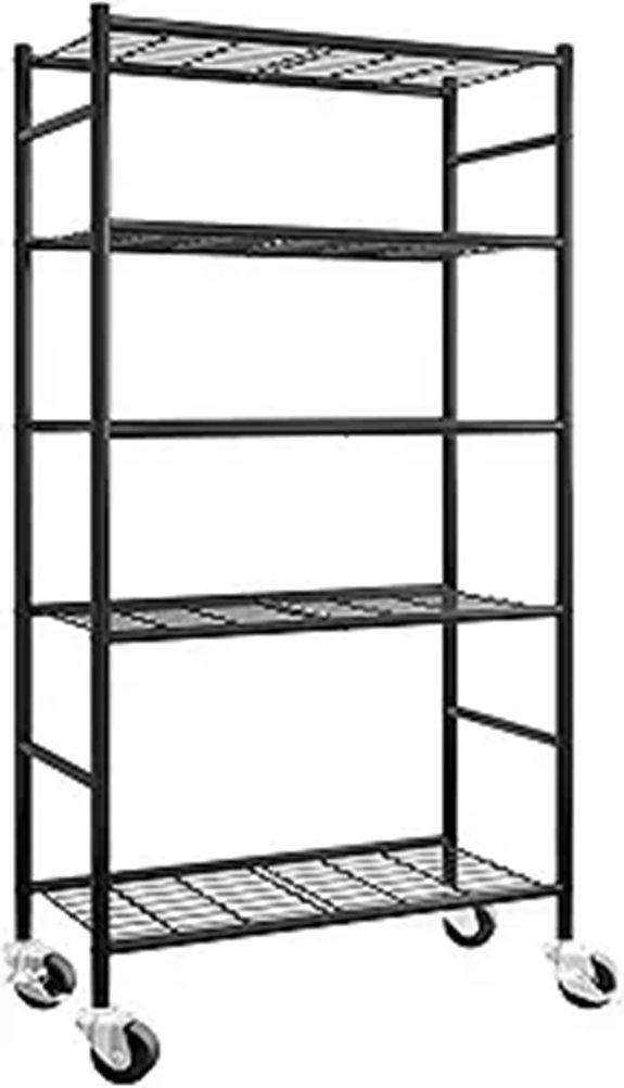 5-Tier Metal Storage Shelves with Wheels and Adjustable Feet