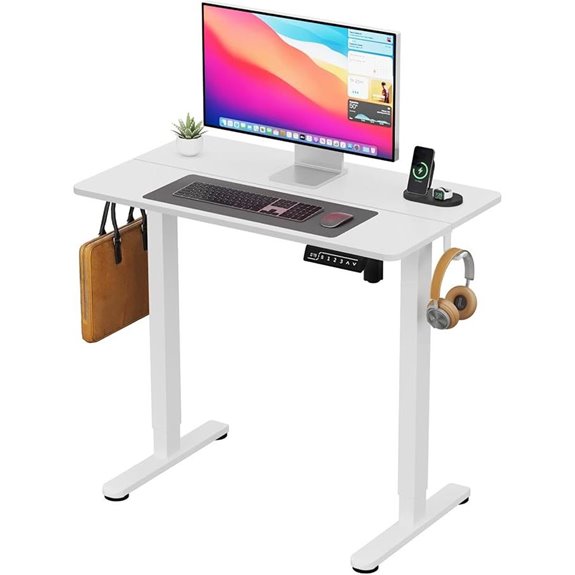 Electric Height-Adjustable White Standing Desk with Hooks