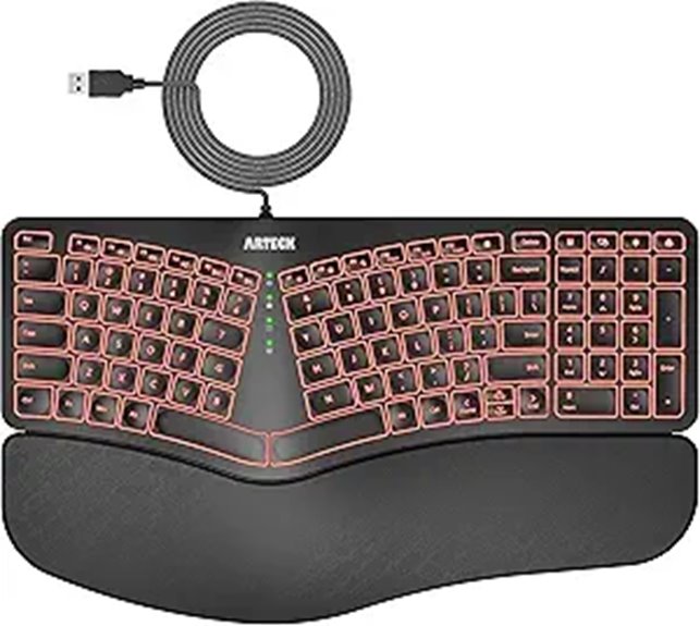 Arteck Ergonomic Wired Keyboard with Backlit & Wrist Rest