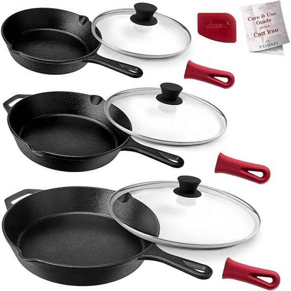 Cuisinel Cast Iron Skillet Set with Lids and Accessories