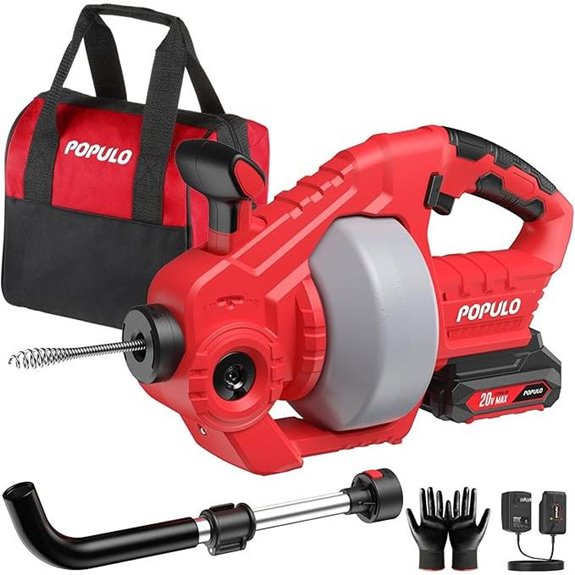 POPULO 20V Cordless Drain Snake with Battery and Accessories