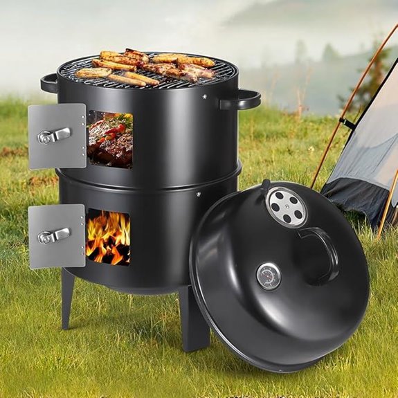 3-in-1 Portable Charcoal Smoker Grill with Doors