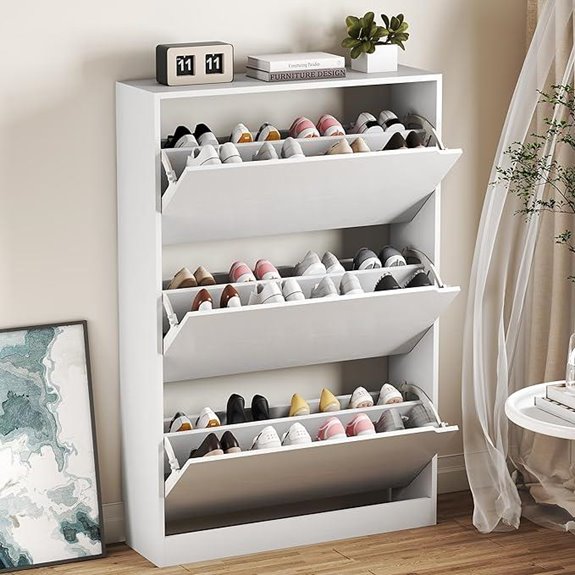 Wood Shoe Cabinet with 3 Flip Drawers White
