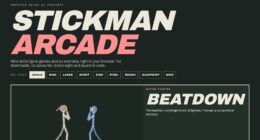Stickman Arcade lineup page with animated cards for nine games and an animator in chalk style